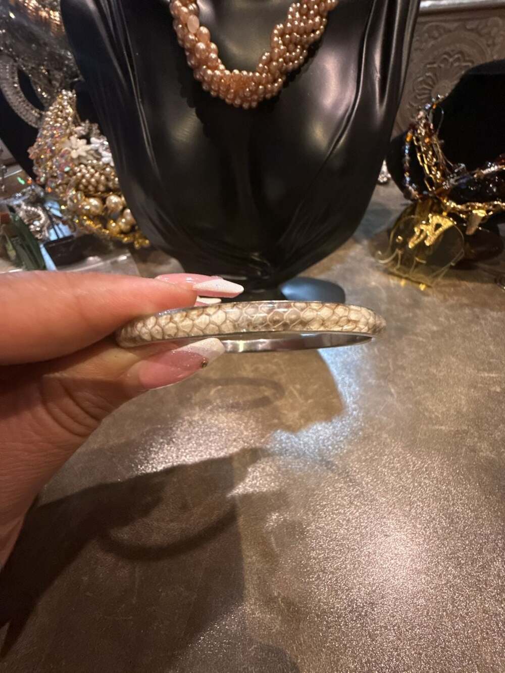 Vintage Snakeskin And Silver Bangle Bracelet